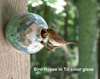 Pottery Birdhouse  bottle for wrens finches and chickadees  In Tri color glaze ***READY TO SHIP