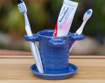 Pottery Toothbrush Holder in Deep Blue