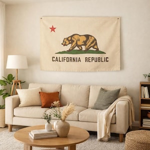 Bandera de lona de California, decoración de pared de estética minimalista, pancarta bohemia neutra, arte con ambiente californiano moderno, decoración inspiradora para el hogar.