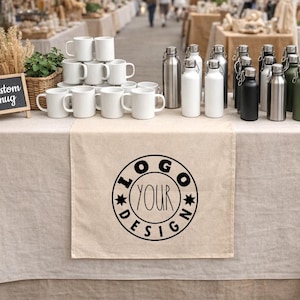Tafelloper met aangepast logo, banner zakelijk display, tafeldecor verkoper, brandingdoek