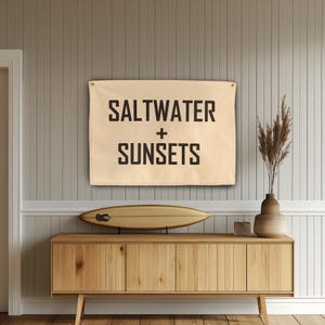 Saltwater and Sunsets Canvas Banner, Beach Wall Art, Saltwater and Sunsets Canvas Falg, Surf Tapestry Flag, Coastal Wall Decor Banner