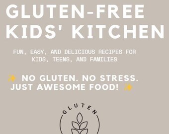 May include: A child wearing yellow sunglasses and a yellow sweater lays in a grassy field with yellow leaves. The text "GLUTEN-FREE KIDS' KITCHEN" is displayed in white on a light gray background. The text "FUN, EASY, AND DELICIOUS RECIPES FOR KIDS, TEENS, AND FAMILIES" is displayed in black on a light gray background. The text "NO GLUTEN. NO STRESS. JUST AWESOME FOOD!" is displayed in black on a light gray background. A black and white circle with the text "GLUTEN FREE" is displayed on a light gray background.