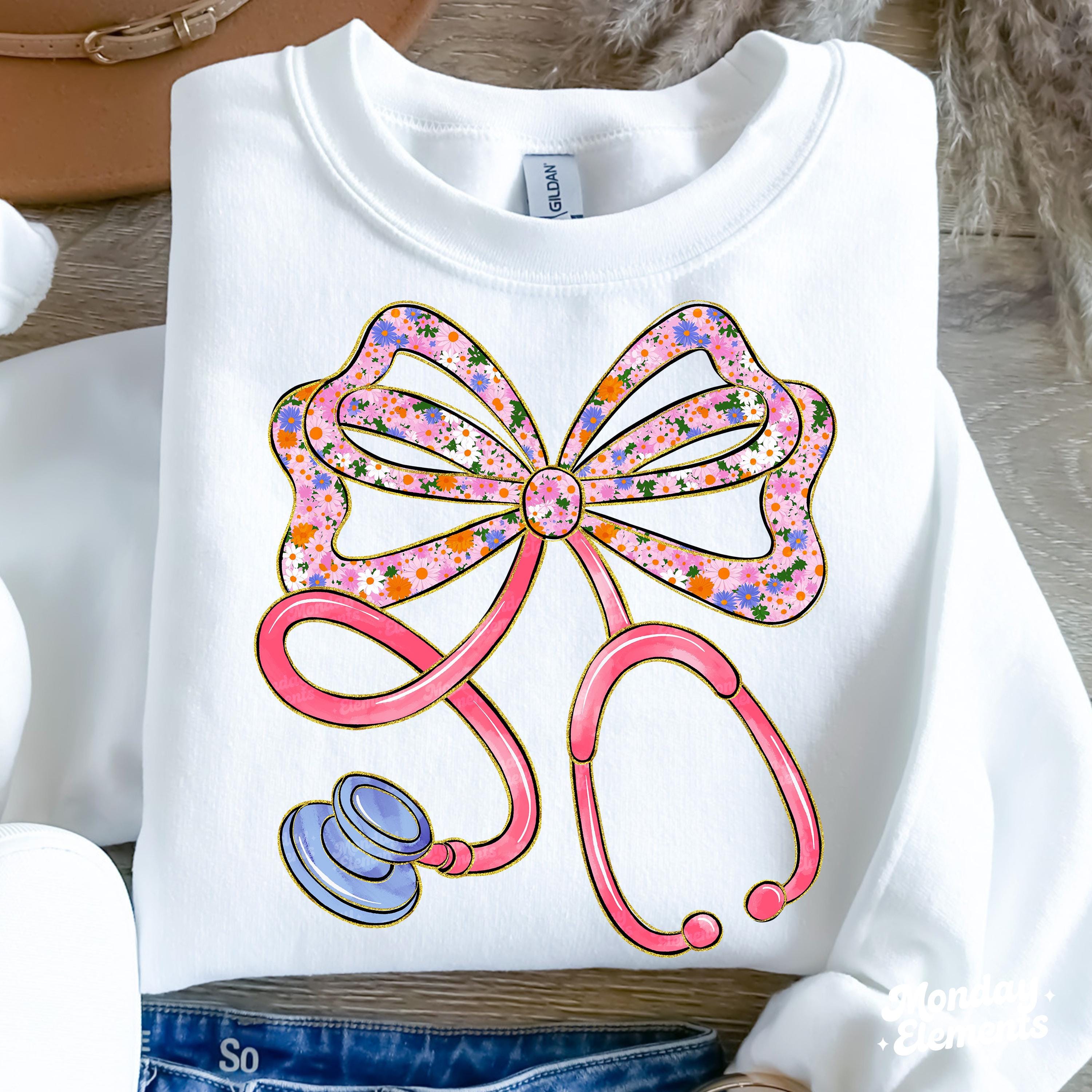 Floral Stethoscope Nurse Bow PNG, Coquette Nurse Bow PNG, Nurse Coquette Bow Stethoscope PNG, Nurse Coquette Png, Nurse Shirt Png Design.