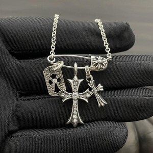 925 Silber Halskette, Kreuz Anhänger Halskette, Gothic Schmuck, ausgefallene Silberkette, Layered Bettelkette, Punk Mode Accessoire
