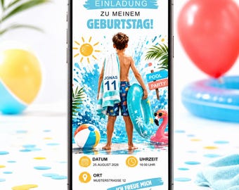 May include: A smartphone displaying a digital birthday invitation with the text EINLADUNG ZU MEINEM GEBURTSTAG. The graphic shows a child standing in water holding a towel and a blue pool ring, with palm leaves, a sun, and a pink flamingo float.
