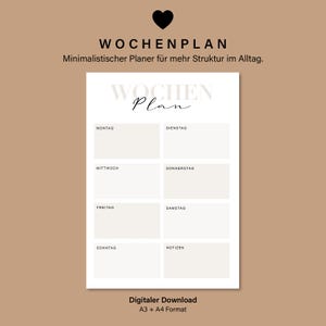 May include: A white weekly planner sheet featuring a black heart icon at the top, the text WOCHENPLAN, and the script word Plan. It includes eight rectangular boxes labeled Montag, Dienstag, Mittwoch, Donnerstag, Freitag, Samstag, Sonntag, and Notizen.