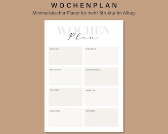May include: A white weekly planner sheet featuring a black heart icon at the top, the text WOCHENPLAN, and the script word Plan. It includes eight rectangular boxes labelled Montag, Dienstag, Mittwoch, Donnerstag, Freitag, Samstag, Sonntag, and Notizen.