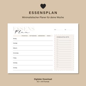 May include: A minimalist weekly meal planner with the title "ESSENSPLAN" and the subtitle "Minimalistischer Planer für deine Woche". The planner includes sections for each day of the week, meal categories, and a shopping list. The format is A3 + A4.