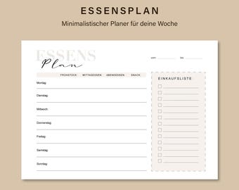 May include: A minimalist weekly meal planner with the title "ESSENSPLAN" and the subtitle "Minimalistischer Planer für deine Woche". The planner includes sections for each day of the week, meal categories, and a shopping list. The format is A3 + A4.