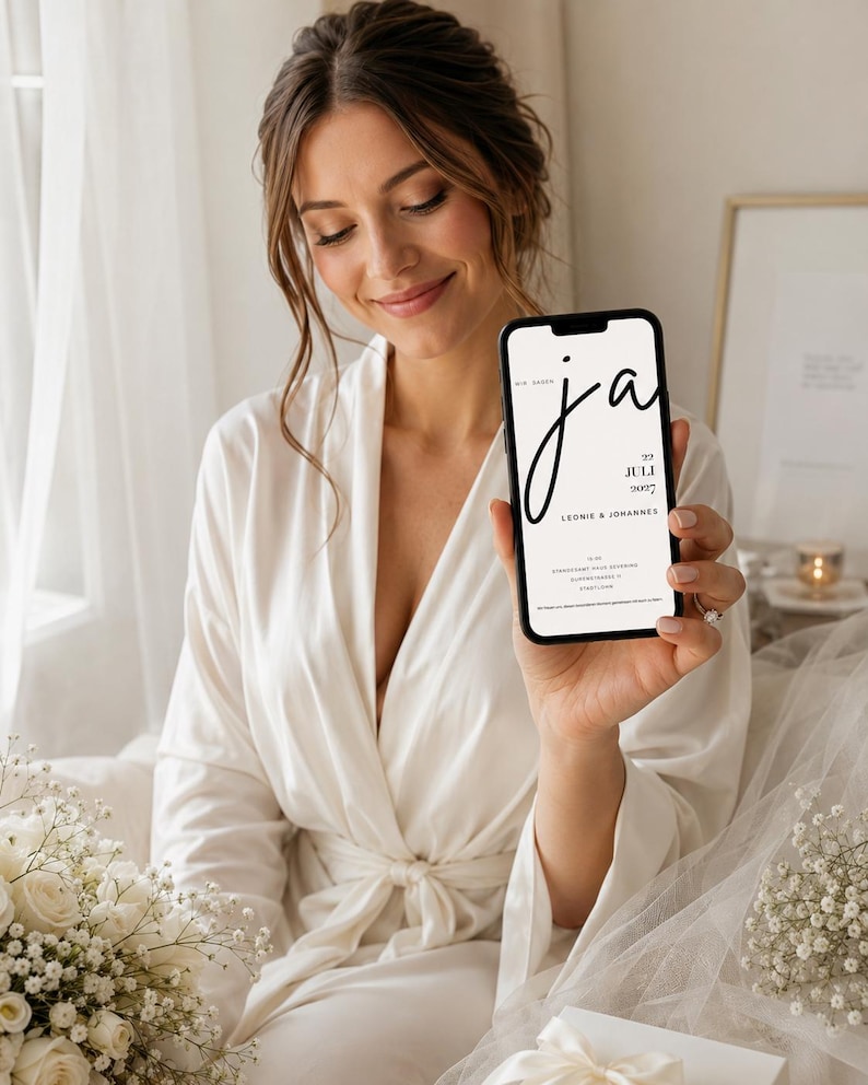 May include: A smartphone displaying a digital wedding invitation with the text "WIR SAGEN ja", "22 JULI 2027", "LEONIE & JOHANNES", and additional event details. The screen features a minimalist black font on a white background.