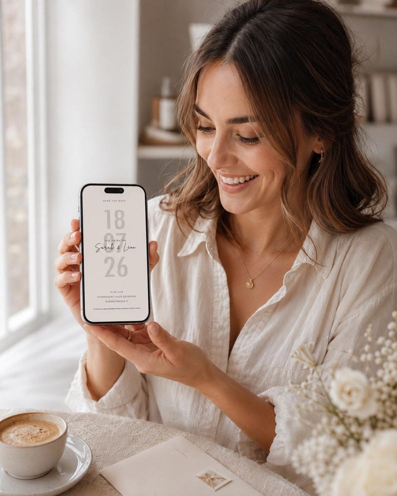 May include: A smartphone displaying a digital Save the Date announcement with the text 18 07 26 and the names Sarah & Leon in a minimalist font. The screen features a light beige background with clean, modern typography for a wedding invitation.