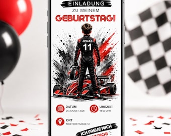 May include: A smartphone screen displaying a birthday invitation with the text EINLADUNG ZU MEINEM GEBURTSTAG! featuring a child in a racing suit standing before a red race car, with placeholders for date, time, location, and the text ICH FREUE MICH AUF DICH!