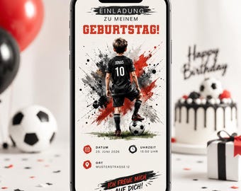 May include: A smartphone screen displaying a birthday invitation featuring a soccer player in a black jersey with the number 10, surrounded by red and black paint splatters. Text includes EINLADUNG ZU MEINEM GEBURTSTAG, date, time, location, and ICH FREUE MICH AUF DICH.