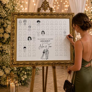 May include: A framed wedding guest sign with a gold ornate frame. The white sign has illustrated faces and the words "WILLKOMMEN ZU UNSERER HOCHZEIT 14.07.2026 Julia & Tom". A person is signing the guest book with a black pen.