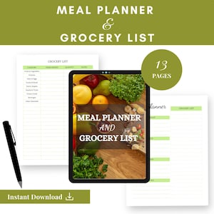 Essensplaner und Einkaufsliste | Druckbare Wochenkarte und Shopping Organizer | Digitales Essen zubereiten PDF | Sofortiger Download Mahlzeiten-Tracker