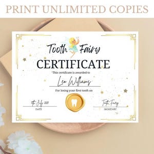 Certificat modifiable de fée des dents | Modèle de toile imprimable | Souvenir de la première dent | Téléchargement numérique pour les enfants