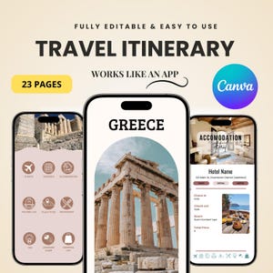 Editable Travel Itinerary Template Printable Trip Itinerary Travel Guide Mobile Travel Planner Traveling Guide Canva Greece Trip Itinerary