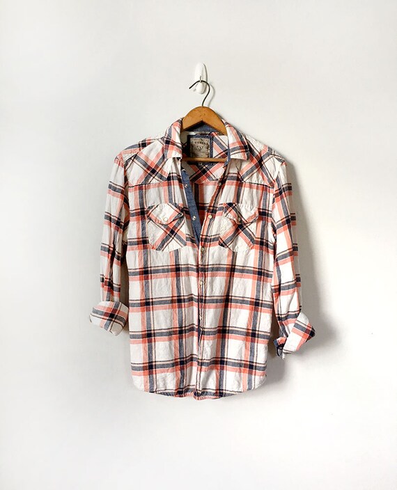 Unisex Plaid Linen Shirt, White, Orange and Blue S