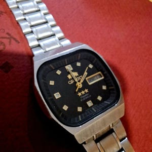 Vintage Orient Crystal 21 Jewels Automatic Watch | Black Dial Men&#39;s Wristwatch | Day Date Japan Made | Stainless Steel Retro Watch | 1980s
