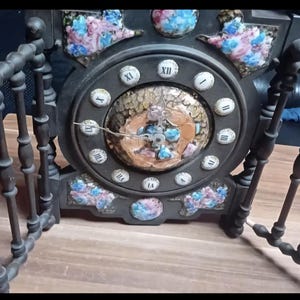 Antique Triptych Clock | Victorian Hand Painted Porcelain Floral | Ornate Wooden Case Collectible Timepiece