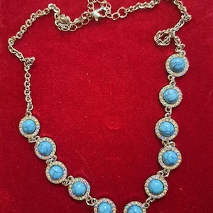 Vintage Turquoise Rhinestone Necklace | Silver Tone Chain with Faux Turquoise Cabochons | Boho Glam Statement Jewelry | Sparkly Retro Choker