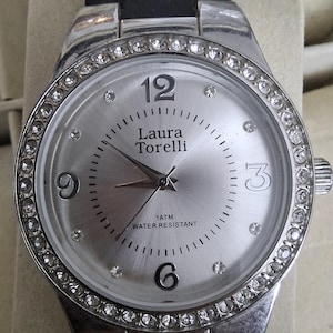 Laura Torelli Women&#39;s Silver Watch with Crystal Bezel – Stainless Steel, Water Resistant, New Battery, Elegant Analog Quartz Timepiece