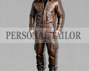 Men's Lambskin Leather Jumpsuit: Brown Catsuit with Cargo Pockets