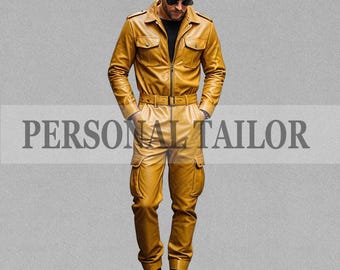 Men's Lambskin Leather Mustard Jumpsuit: Cargo Pockets, Front Zipper