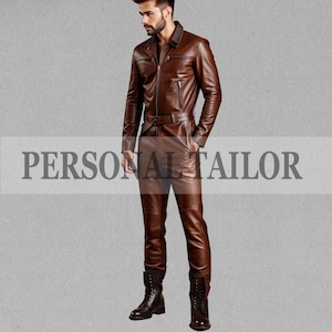 May include: A brown leather jumpsuit with a collared neckline, zipper closure, and a belt at the waist. The outfit includes matching leather pants and boots. The text "PERSONAL TAILOR" is displayed across the image.
