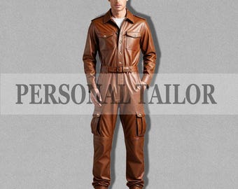 Men's Lambskin Leather Jumpsuit: Brown Catsuit with Cargo Pockets Belt