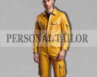 Men's Lambskin Leather Jumpsuit: Yellow Catsuit with Cargo Pockets With Belt