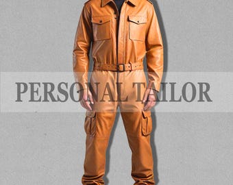 Men's Lambskin Leather Jumpsuit: Tan Catsuit with Cargo Pockets With Belt
