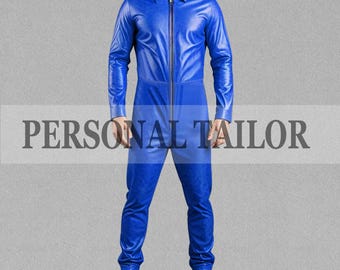 Mono de piel de cordero para hombre: mono azul, mono con cremallera frontal