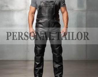 Men's Genuine Soft Leather Black Bib Overall Dungaree Jumpsuit Suit Uniform For Biker Style