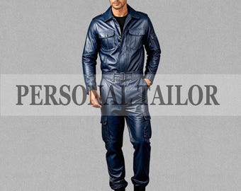 Men's Soft Real Navy Blue Leather Catsuit Jumpsuit Cargo Pockets Jumpsuit with Belt