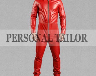 Men's Lambskin Leather Catsuit: Red Jumpsuit Bodysuit Overall Jumpsuit Front Zipper