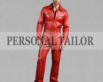 Men's Red Lambskin Leather Catsuit: Handmade Bodysuit Jumpsuit