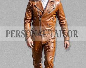 Men's Lambskin Leather Catsuit: Tan Bodysuit Jumpsuit with Pockets
