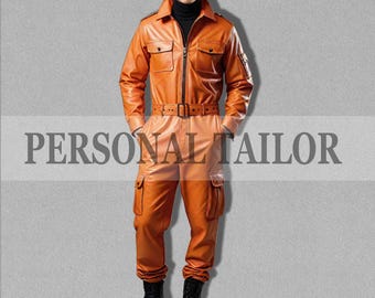 Men's Lambskin Leather Jumpsuit: Orange Catsuit with Cargo Pockets Belt