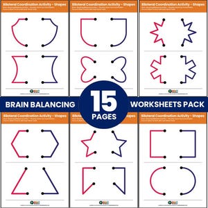 Peut inclure: Un ensemble de 15 feuilles d'exercices pour une activité de coordination bilatérale. Chaque feuille présente des paires de formes rouges et bleues, conçues pour améliorer la coordination œil-main. Le texte "Brain Balancing" et "Worksheets Pack" sont visibles.