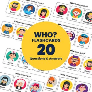 Può includere: Un set di 20 flashcard colorate con illustrazioni di diverse professioni. Ogni carta ha una domanda che inizia con "Chi..." e una risposta con un'illustrazione di una persona in quella professione. Le carte sono progettate per aiutare i bambini a conoscere diversi lavori.