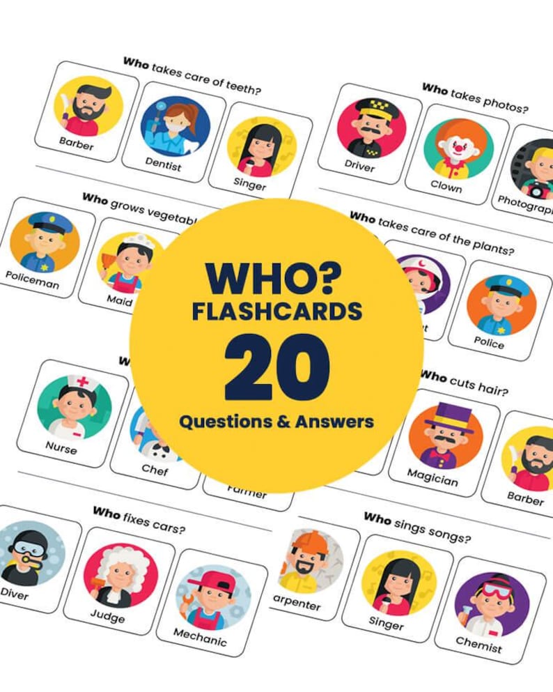 20 WHO Questions Flash Cards for Kids | Speech Therapy (printable ...