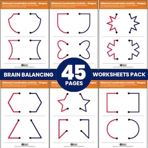 May include: A pack of 45 printable worksheets for children to practise bilateral coordination. The worksheets feature various shapes in red and blue, with dots to connect. The title of the pack is "Brain Balancing Worksheets Pack".