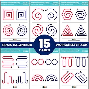 May include: A set of 15 printable worksheets for children to practise bilateral coordination. The worksheets feature various shapes and patterns in red and blue, with dots at the start and end of each line. The text "Brain Balancing" and "15 Pages" is included in the image.
