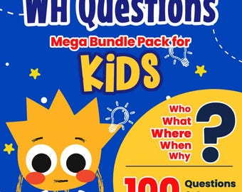 Könnte beinhalten: Eine blaue und gelbe Illustration einer Comicfigur mit einer Glühbirne über dem Kopf. Der Text "WH Questions Mega Bundle Pack for KIDS" befindet sich oben im Bild. Der Text "Who, What, Where, When, Why" steht in einer Spalte auf der rechten Seite des Bildes. Der Text "100 Questions & Answers 20 QUESTION IN EACH CATEGORY" befindet sich unten im Bild.