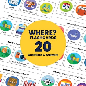 May include: A set of 20 flashcards with colorful illustrations and questions about different places. The flashcards are designed to help children learn about their surroundings and answer questions like "Where do people keep money safe?" and "Where do judges work?"