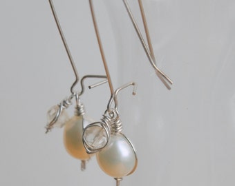 Pearl and Citrine Herringbone Silver Dangle Earrings