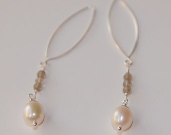 Smoky Quartz, Pearl and Silver Earrings