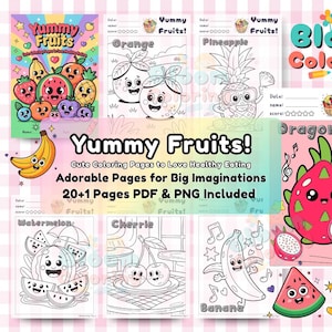 Fruits Coloring Pages for Kids | Cute Fruit Coloring Book Printable | Healthy Eating Educational Activity PDF & PNG