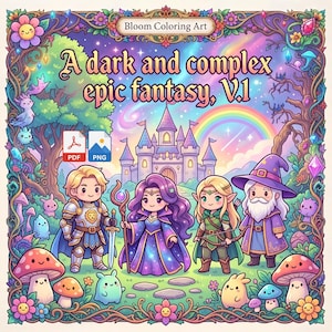 May include: A digital coloring page titled Bloom Coloring Art A dark and complex epic fantasy, V.1 featuring a castle, rainbow, and four chibi characters: a knight, a mage, an elf archer, and a wizard, surrounded by a floral border with mushrooms.